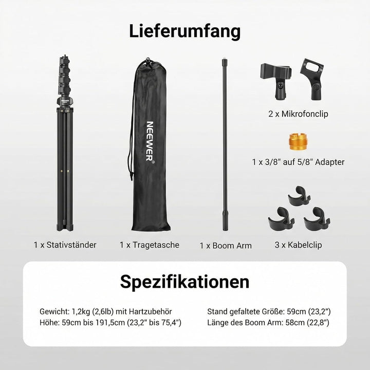 NEEWER Microphone Stand, Mikrofonständer Stativ mit Boom Arm, robuster verstellbarer Ständer und Arm