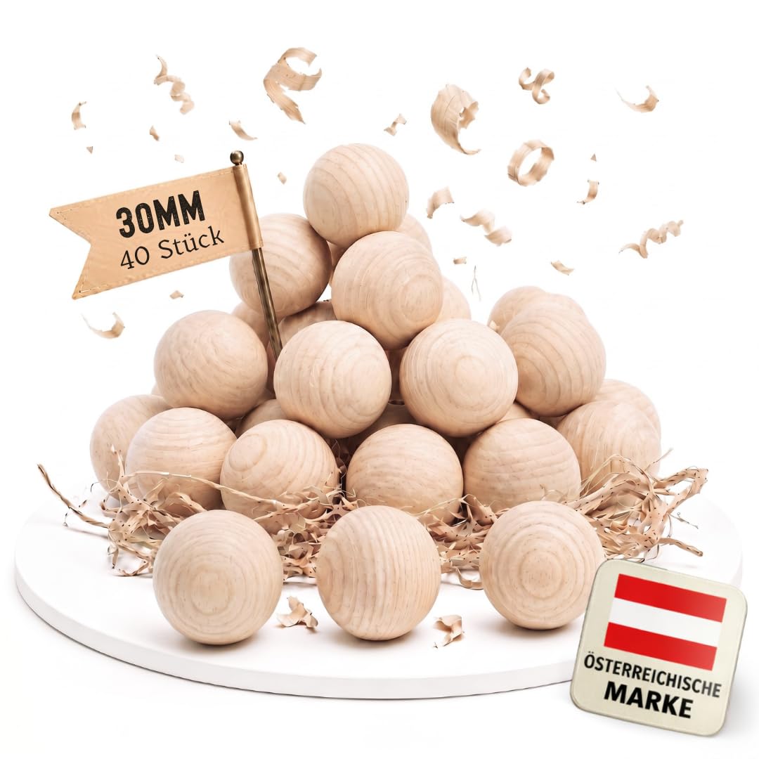 EV® Holzkugeln ohne Loch - 40 Stück 30mm Durchmesser - Made in Austria - Grosse Holzperlen ohne Bohr