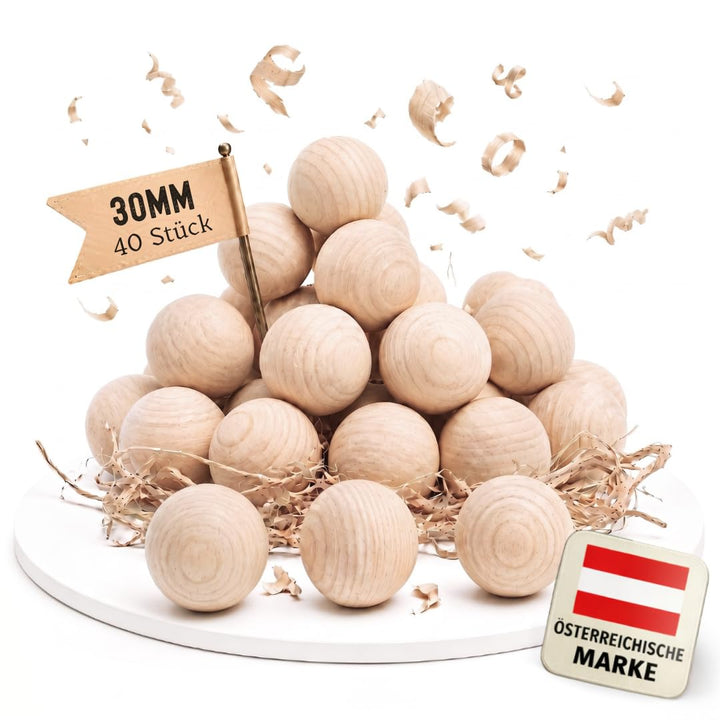 EV® Holzkugeln ohne Loch - 40 Stück 30mm Durchmesser - Made in Austria - Grosse Holzperlen ohne Bohr