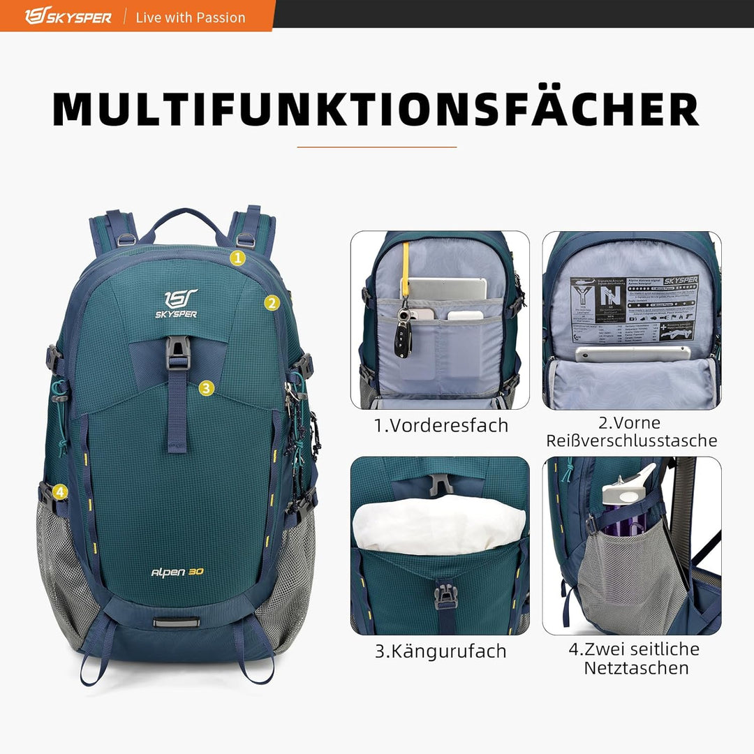 SKYSPER Wanderrucksack 30L Trekkingrucksack Wasserfest mit Rückenbelüftung und Netzrücken Tagesausfl