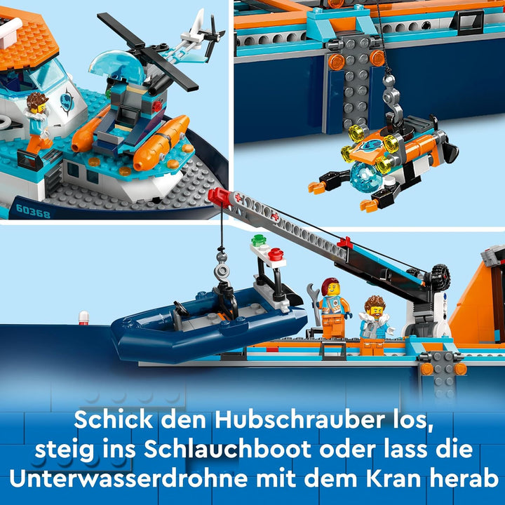 LEGO City Arktis-Forschungsschiff, grosses schwimmfähiges Spielzeug-Boot mit Hubschrauber, Beiboot,