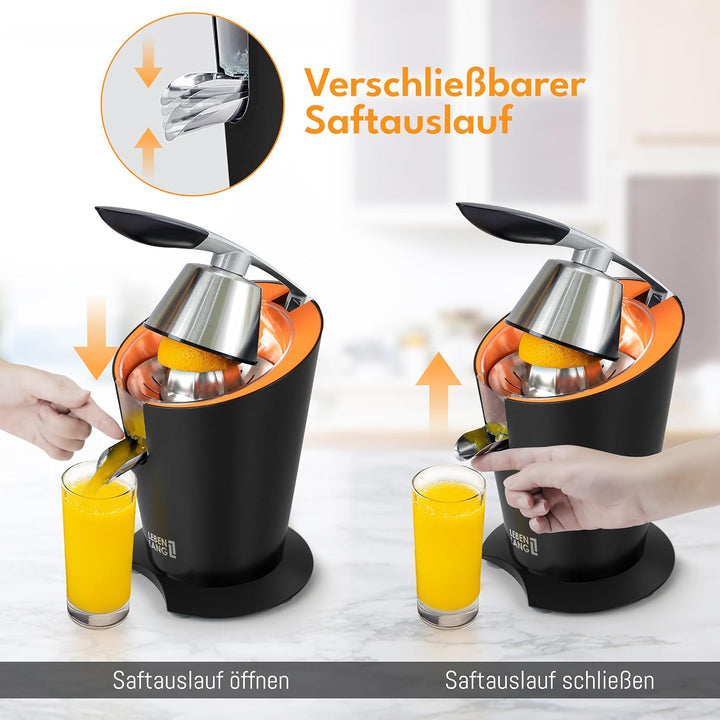 LEBENLANG Orangenpresse elektrische Edelstahl 600W - Inkl. Edelstahlkegel & BPA-Frei I Hohe Saftausb