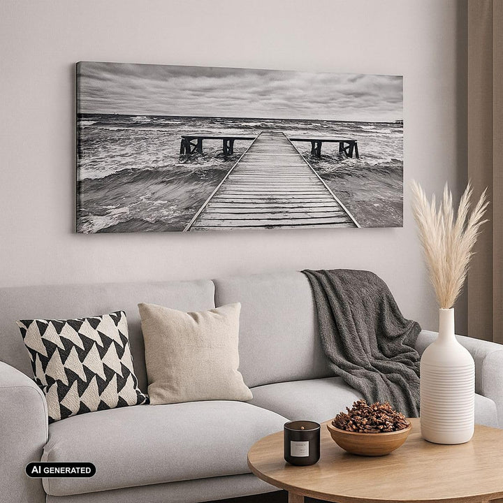 Panorama Bilder auf Leinwand 100x40cm Leinwandbild Brücke Meer Welle Gross Wanddeko Bild Schlafzimme