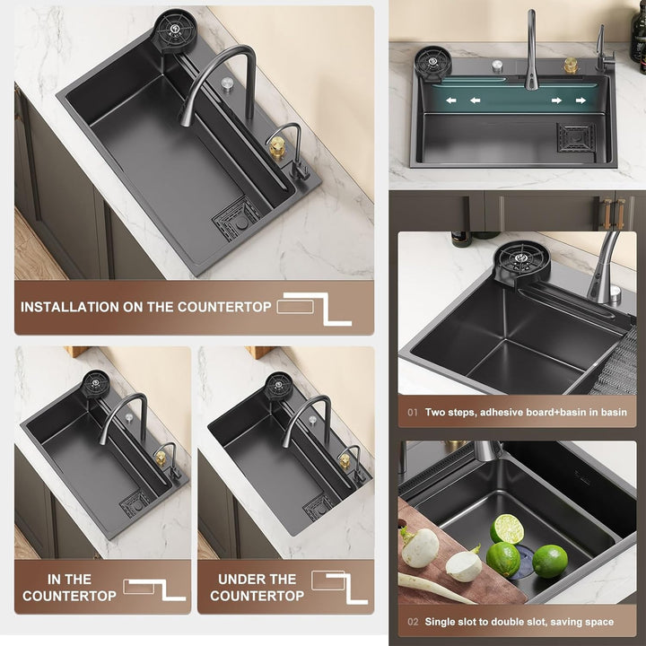 Küchenspüle, Edelstahl-Wasserfall-Küchenspülen-Set, Waschen, Abtropfen Und Schneiden, 3-in-1-Waschbe
