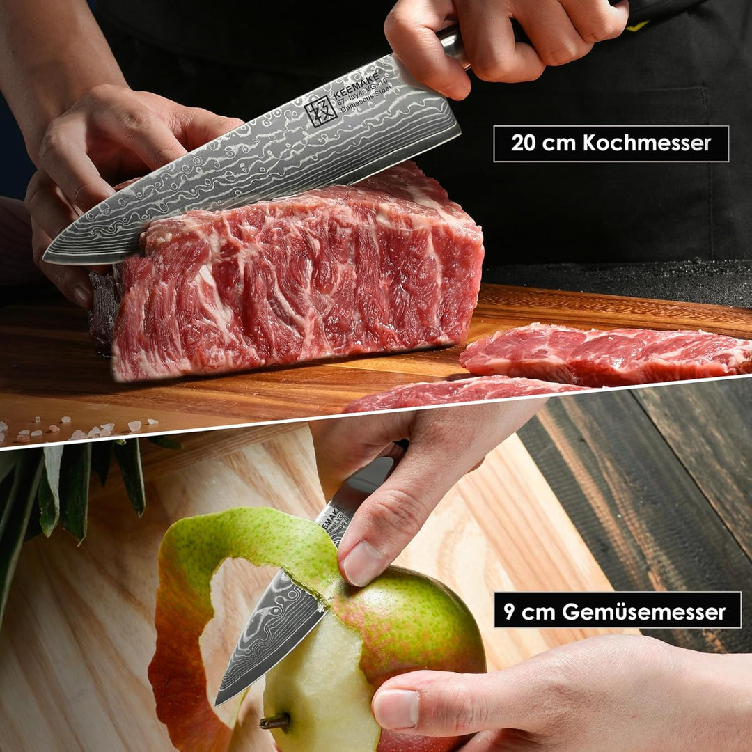 KEEMAKE Küchenmesser Set - Damastmesser Set 2-teilig aus 67 Lagen Damaststahl mit Ergonomischer G10