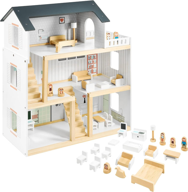 Mamabrum, Puppenhäus Aus Holz Mit Zubehör, Holzpuppenhaus mit Möbeln, Holztraumhaus mit Zubehör inkl