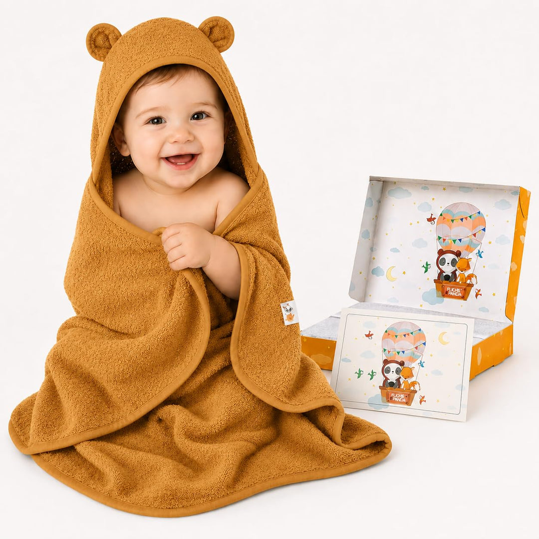 Fuchs&Panda Kapuzenhandtuch Baby EXTRA dick, warm & weich | 75x75cm Babyhandtuch mit Kapuze (100% Ba