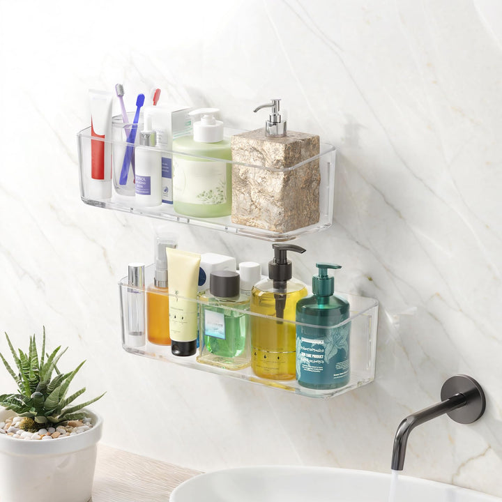 PAVSTINE Duschablage ohne Bohren Transparent, 2 Stück Duschregal Badezimmer Organizer mit Ablauföffn
