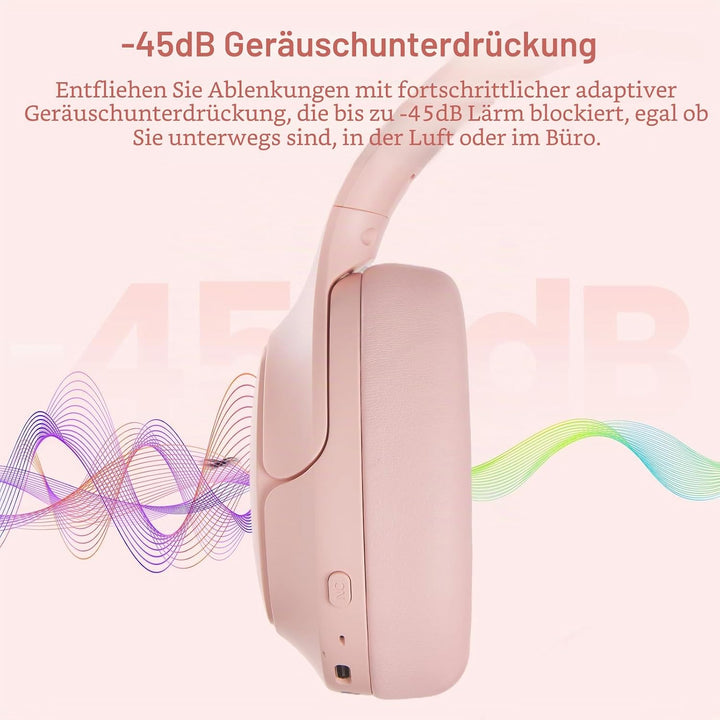 TOZO HT3 Adaptive Hybrid-Kopfhörer mit aktiver Geräuschunterdrückung, kabellos, Rosa Over Ear Kopfhö