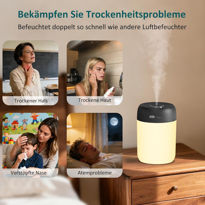 Luftbefeuchter für Schlafzimmer und Kinderzimmer, 650ML Tragbarer Mini Raumbefeuchter, Leiser Tisch