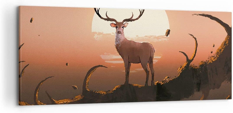 Wandbilder Dekoration Wohnzimmer Hirsch Geweih Hörner Panorama Bilder auf Leinwand 120x50cm Leinwand