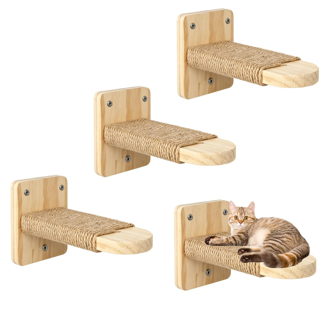 4 Stück Katzentreppe Wand, Wandliege Kletterwand Katzen, Massivholz Katzenleiter Juteseil, Katzen Wa