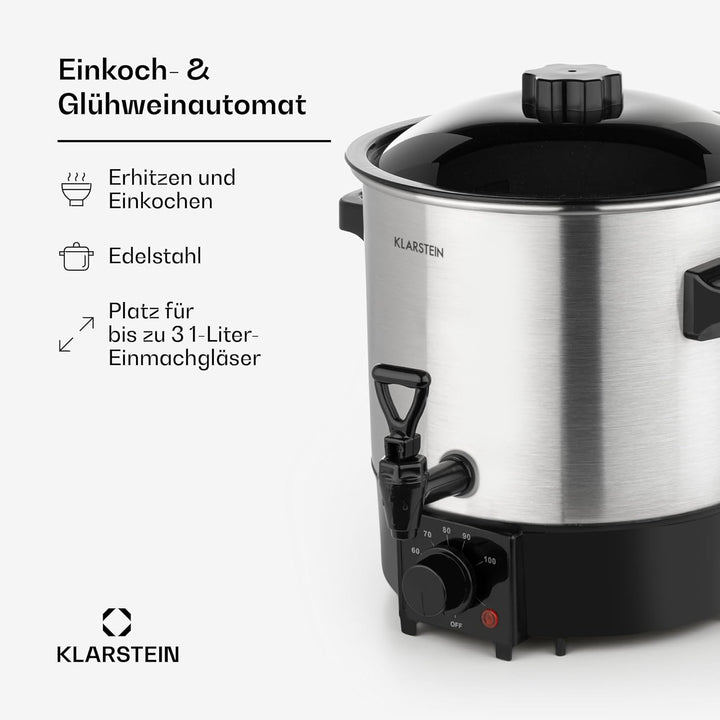 Klarstein Biggie Eco Einkochautomat & Getränkespender, 1000W, 30-100 °C, 9 Liter Nutzvolumen, Zapfha