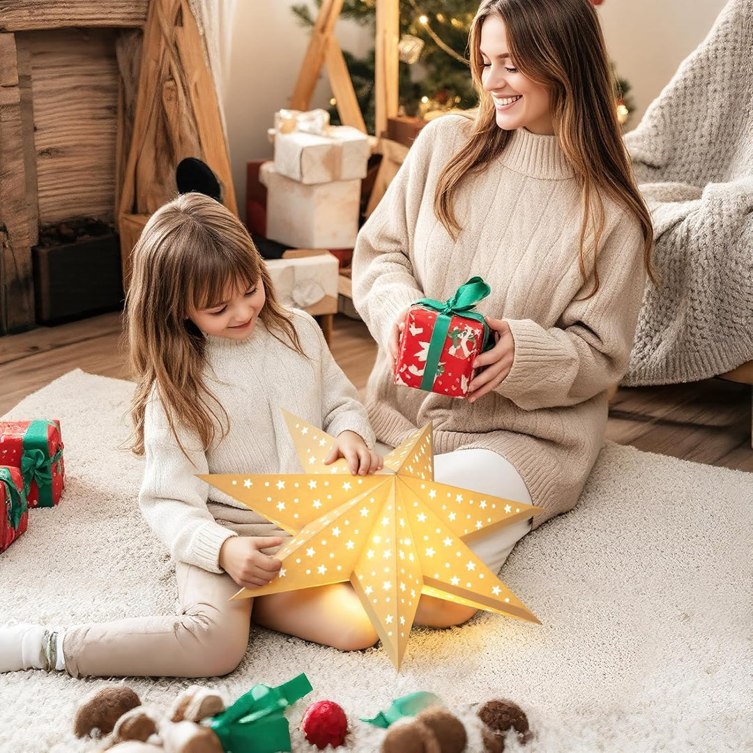 Lewondr Weihnachts Papierstern Laterne 3PCS, Hängende 7-Zackige Sternenlichter mit Ausgeschnittenen