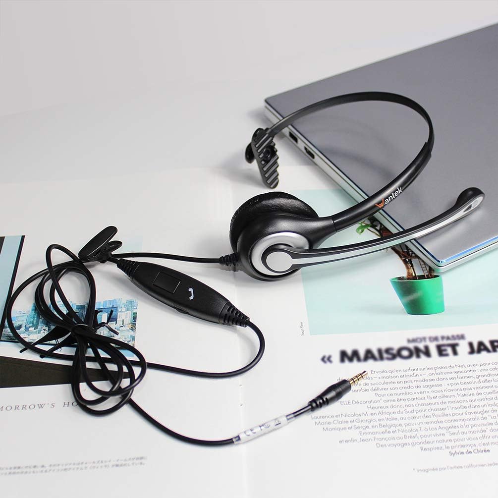 Wantek Mono-Headset mit Mikrofon für Laptop, PC-EIN-Ohr-Kopfhörer 3,5mm Klinke & 2,5mm Adapter,Geräu