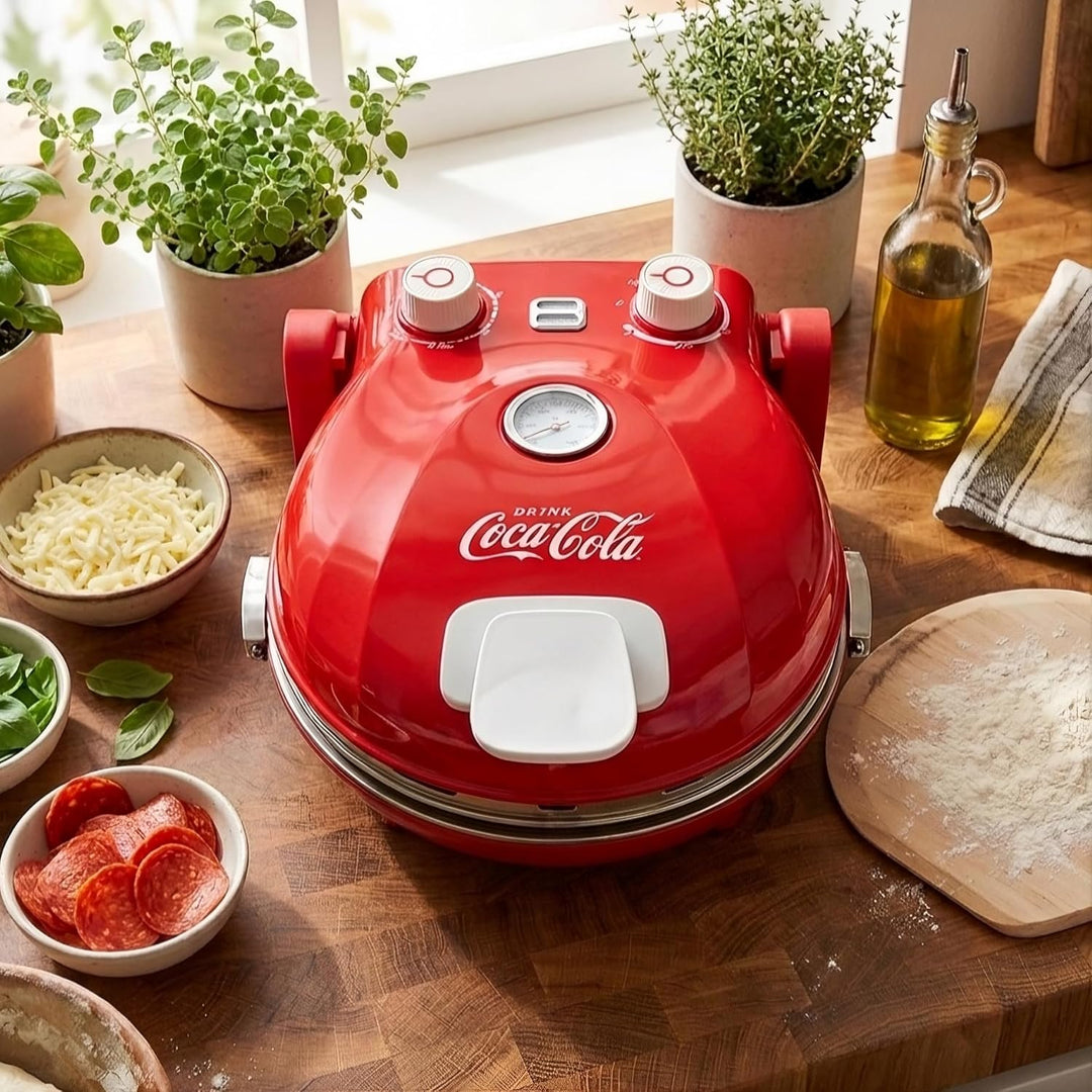 Salco Coca-Cola Pizzamaker – Perfekte Pizza in 3-5 Minuten | 30 cm Cordierit-Pizzaplatte | 400°C var