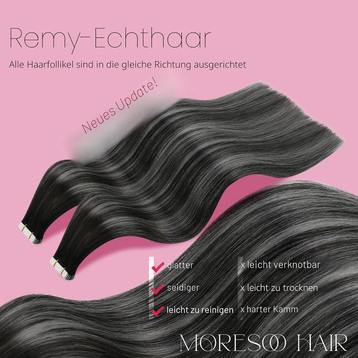 Moresoo Tape in Extensions Schwarz Ombre Silber Remy Echthaar Extensions Tape Balayage Schwarz bis S
