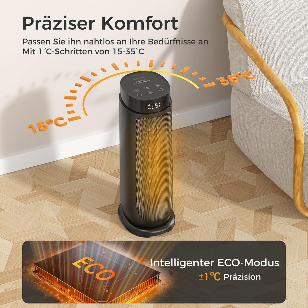 PTC Heizlüfter für Zuhause, Überhitzungs Kippschutz, Schwarz, 2000W | Thermostat, 90°-Oszillation fü