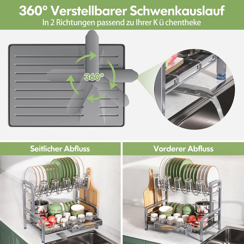 Boosiny Abtropfgestell Geschirr, 2-stöckiges Edelstahl-Geschirrabtropfgestell mit Abtropfschale, Ges