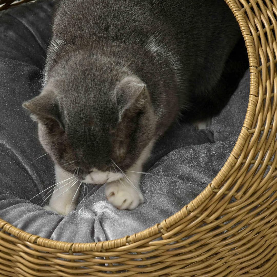 PawHut Rattan Katzenkorb Katzenhaus Katzenhütte mit Kissen für Katzen bis 4 kg, Haustierbett Katzenh