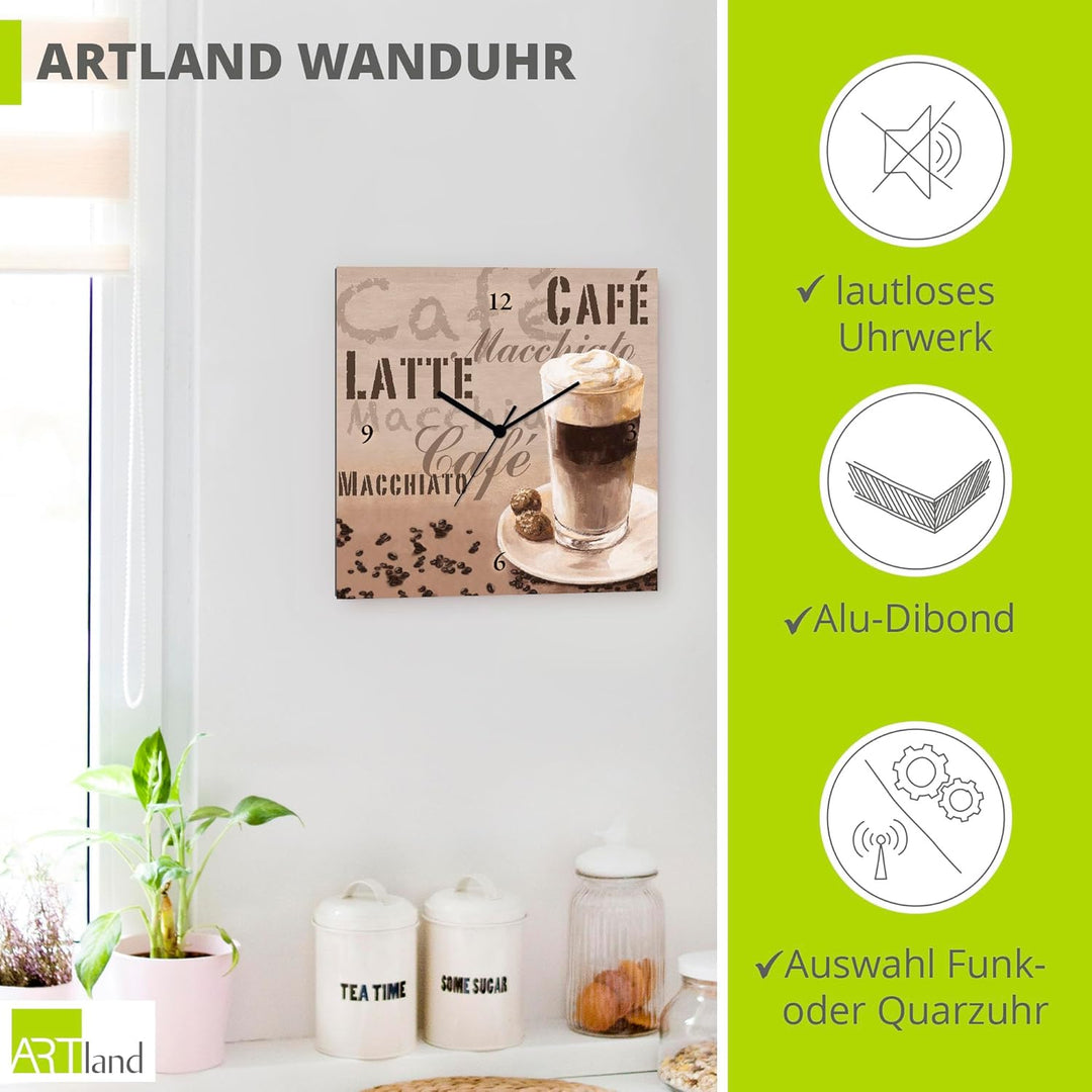 ARTLAND Wanduhr ohne Tickgeräusche Leinwand Funkuhr 30x30 cm Quadratisch Lautlos Kaffee Coffee Cafe