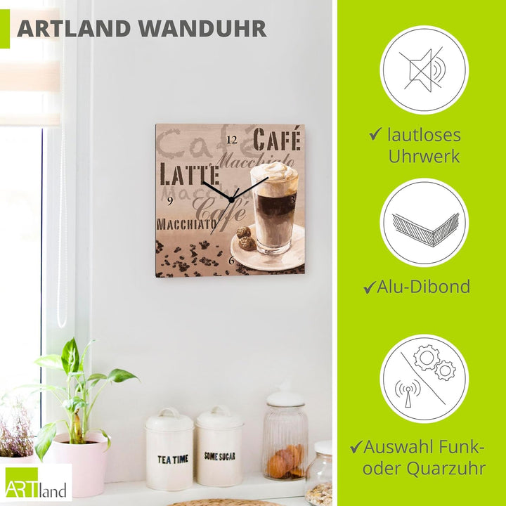 ARTLAND Wanduhr ohne Tickgeräusche Leinwand Funkuhr 30x30 cm Quadratisch Lautlos Kaffee Coffee Cafe