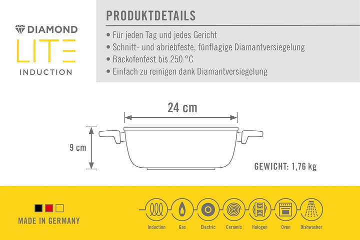 Woll Diamond Lite Kasserolle - Induktiv -, Ø 24 cm Ø, 9 cm hoch, 3.8 Liter, mit 2 Seitengriffen - Ge