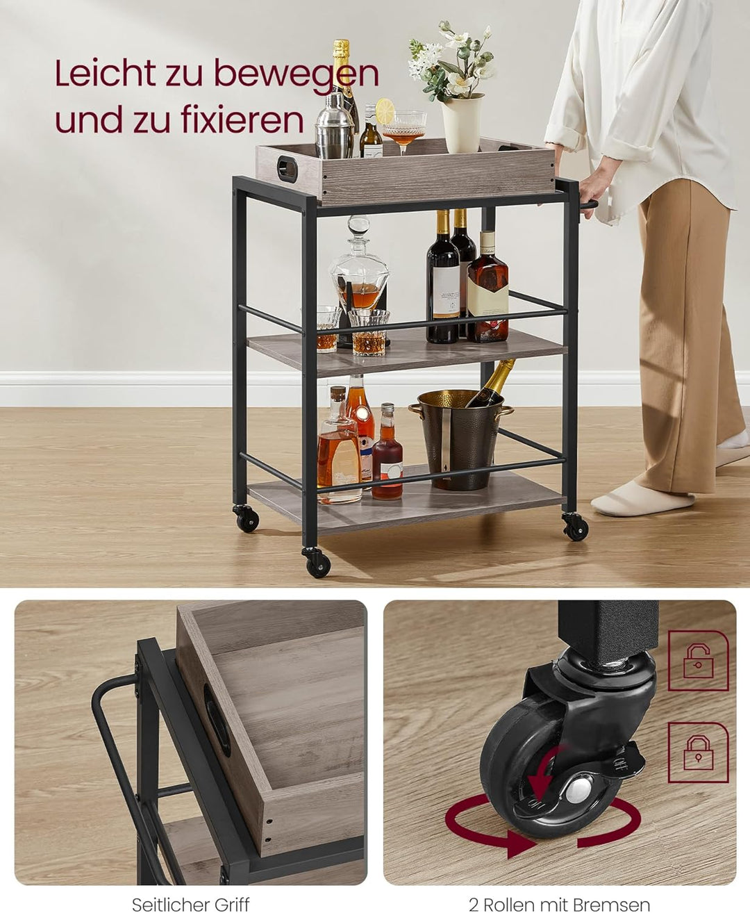 VASAGLE Servierwagen, Küchenwagen, abnehmbares Tablett, mit verstellbaren Füssen und Rollen, Küchenr