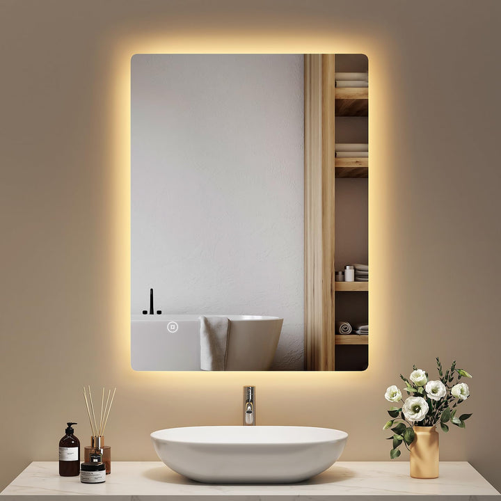 EMKE Badspiegel mit Beleuchtung 60x80cm, Badezimmerspiegel mit 3 Lichtfarben dimmbar, Antibeschlag,
