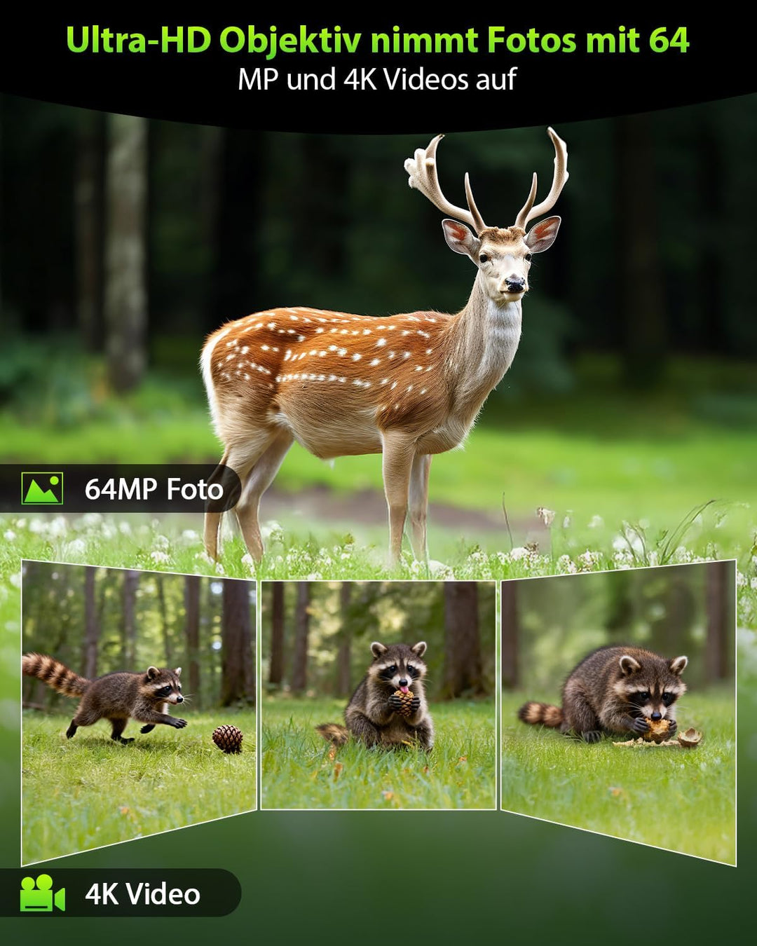 KJK Wildkamera mit Handyübertragung APP, 4K 64MP HD WLAN Bluetooth, Wildkamera mit Bewegungsmelder N