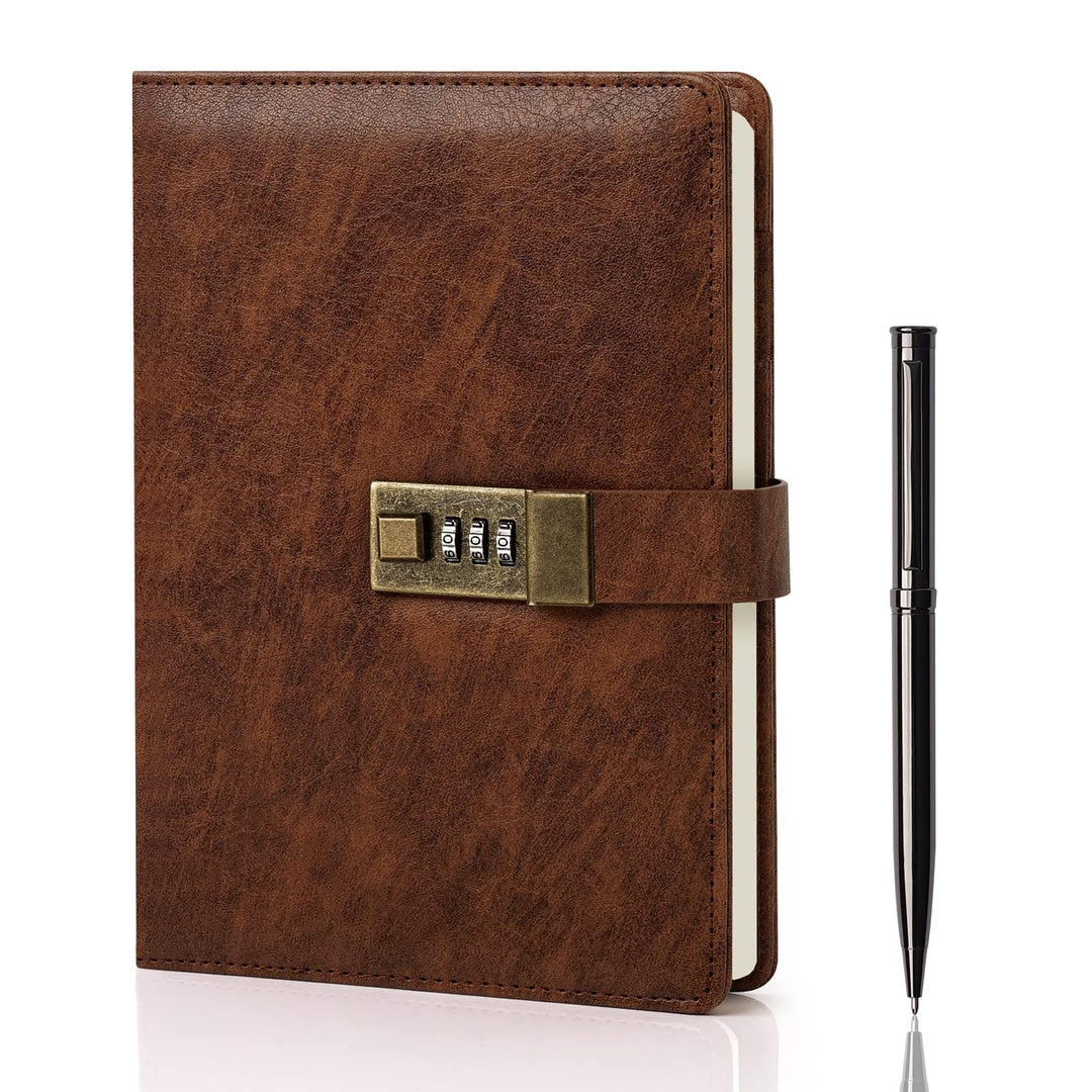 WEMATE-Tagebuch mit Schloss, A5-PU-Lederjournal mit Schloss, 240 Seiten, verschliessbarer Tagebuchpl