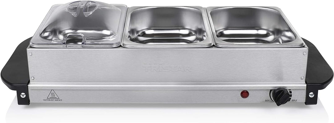 Tristar Edelstahl Buffetwärmer - einstellbares Thermostat, 3 x 1,5l Buffetbehälter, als Heizplatte v