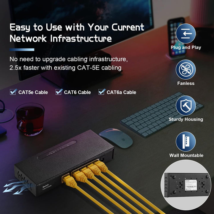 Binardat 5 Port Multi Gigabit Switch, 1 x 2.5 Gigabit and 4 x 1 Gigabit Ethernet RJ-45 Ports, Metal