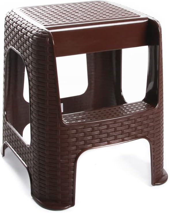 Tritthocker Hocker mit Trittleiter Sitzhocker Tisch Stuhl Höhe 48cm Rattan Optik Braun Stufenhocker