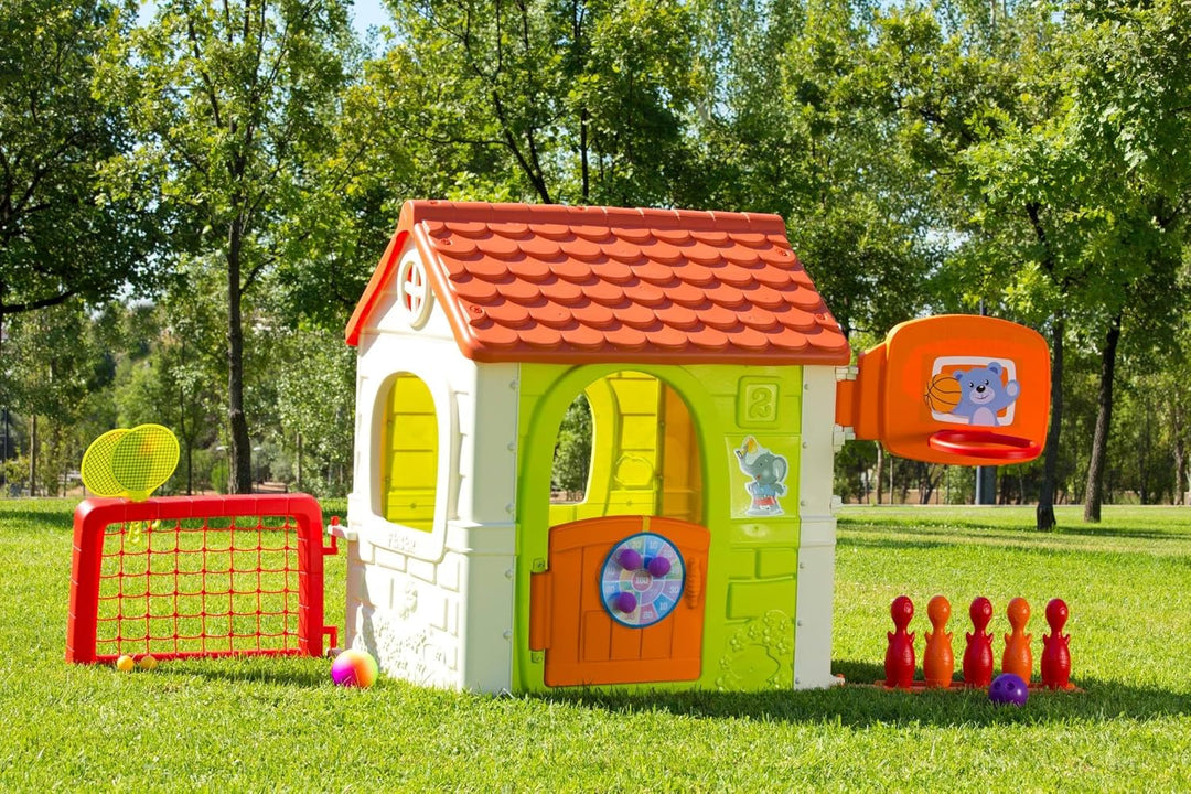 FEBER- Multi-Aktivitätshaus 6in1, Kinderhaus mit 6 Aktivitäten, Bowling, Schläger, Ballspiele, Fussb