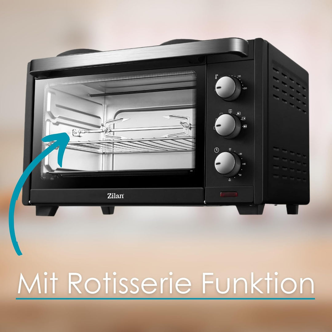 Mini Backofen mit Herdplatten 28 Liter | Elektrischer Drehspiess | Integrierte Kochplatten | Pizza-O