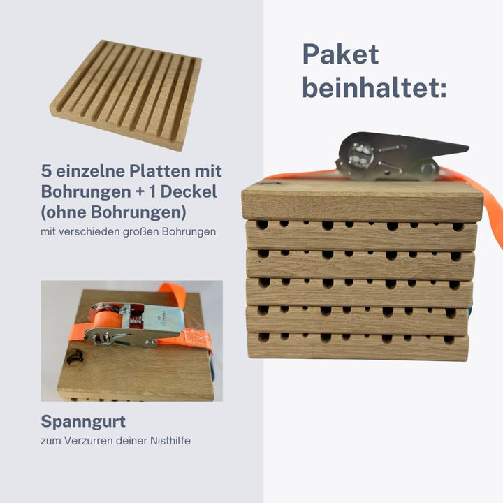 Nistblock für Wildbienen Eiche – Nachhaltige Nisthilfe aus gefrästen Bienenbrettchen – 10 Verschiede