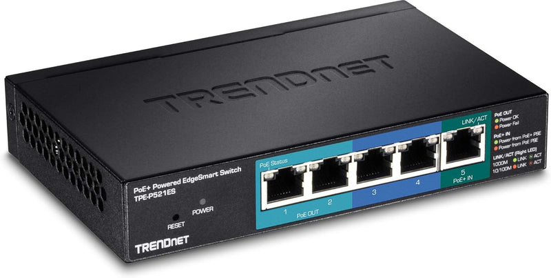 TRENDnet TPE-521ES 5-Port Gigabit PoE+ EdgeSmart Switch mit PoE Durchgang, 18 W PoE Gesamtleistung,