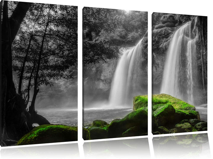 traumhafter Wasserfall im Dschungel schwarz/weiss 3-Teiler Leinwandbild 120x80 Bild auf Leinwand, XX