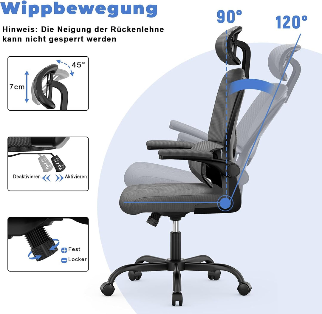 naspaluro Bürostuhl, Ergonomischer Schreibtischstuhl mit Verstellbarer Kopfstütze, Armlehnen, Dynami