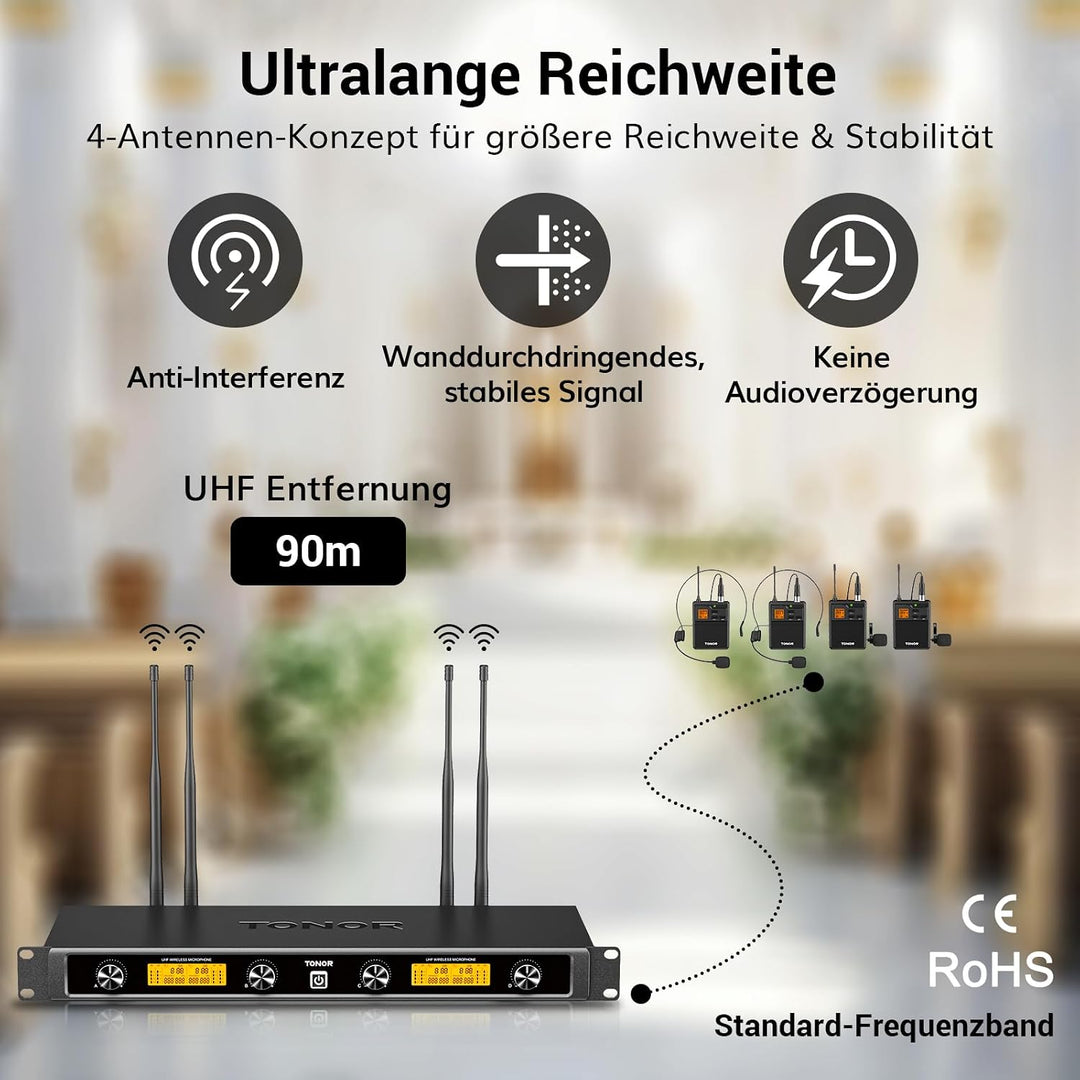 TONOR 4-Kanal UHF Mikrofon Kabellos Set mit 4 Bodypack Transmitter/Headset/Lavalier Wireless Microph