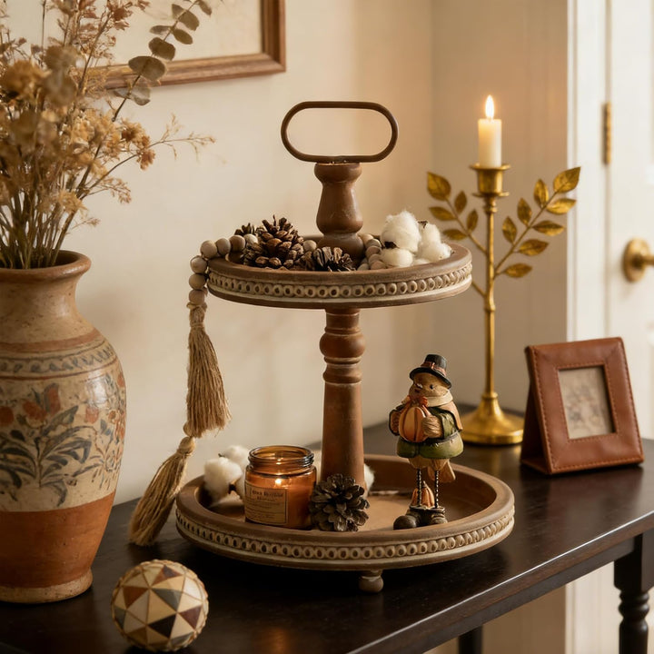 Hanobe Holztablett Deko Tablett Rund: Braun Serviertablett Holz mit 2 Ebenen Bauernhaus Dekotablett