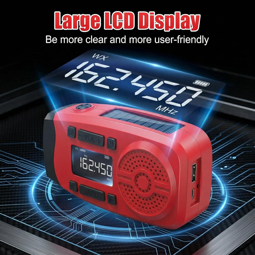 Solarkurbel-Notfallradio mit LCD-Display, 2000mAh Powerbank, 3-in-1 Taschenlampe mit SOS-Alarm, trag