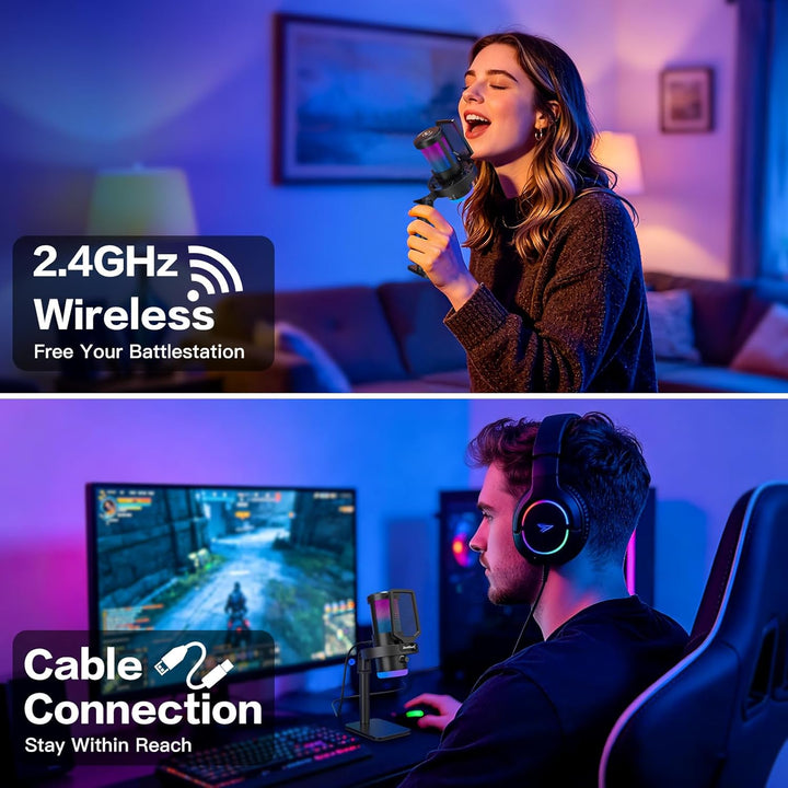 zealsound Kabellos USB Kondensator Mikrofon für PC Laptop & Handy, RGB Desktop Gaming Mikrofon, 24Bi