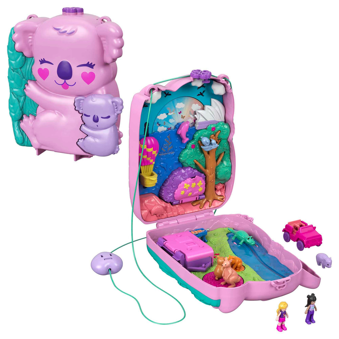 Polly Pocket Schatulle, Koala Bär in Tierabenteuer Thema, mit 2 Puppen, 5 Tieren und 1 Auto, interak