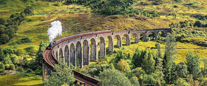 Glasbild Panorama | Wandbild aus Echtglas | Eisenbahnviadukt in Schottland | 100x40 cm | inkl. Aufhä