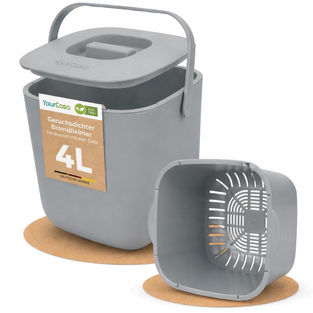YourCasa Biomülleimer Küche 4L - Komposteimer mit herausnehmbarem Sieb & Deckel - geruchsdicht, spül