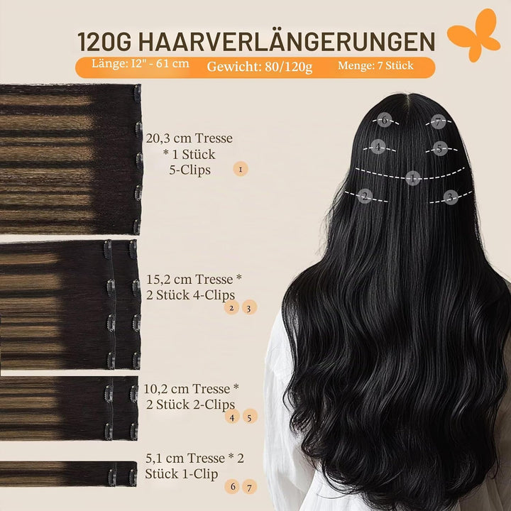 DOORES Haarverlängerungen Clip in Extensions Echthaar, Balayage Natürliches Schwarz bis Chestnut Bra