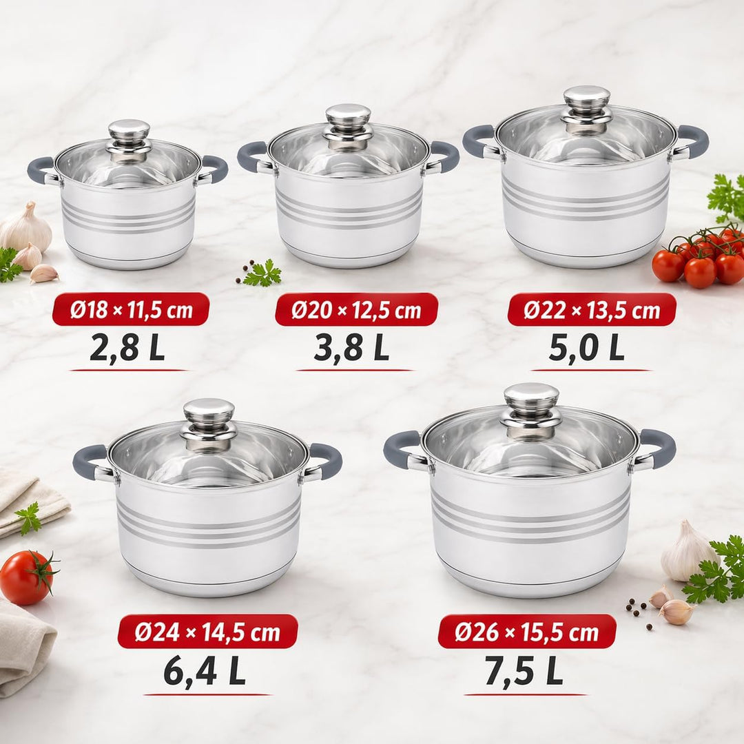 Topfset Edelstahl 10-teilig – Induktion Kochtopf Set mit Glasdeckeln, Töpfe Set Ø18–26 cm, Spülmasch