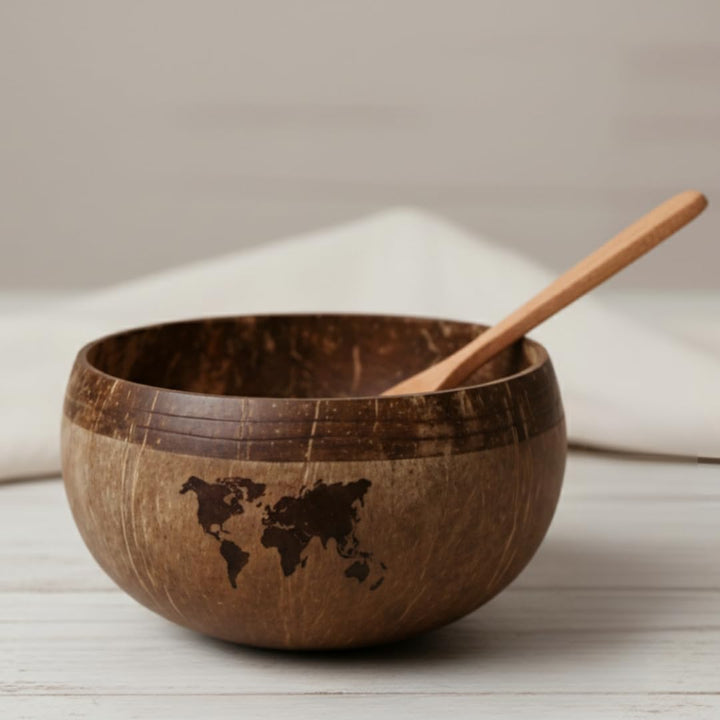 Kokosnuss Bowls - 2er Set Müslischalen, Smoothie Kokosnuss Schalen mit Anti-Kipp-Ring &amp; Holzlöffel –